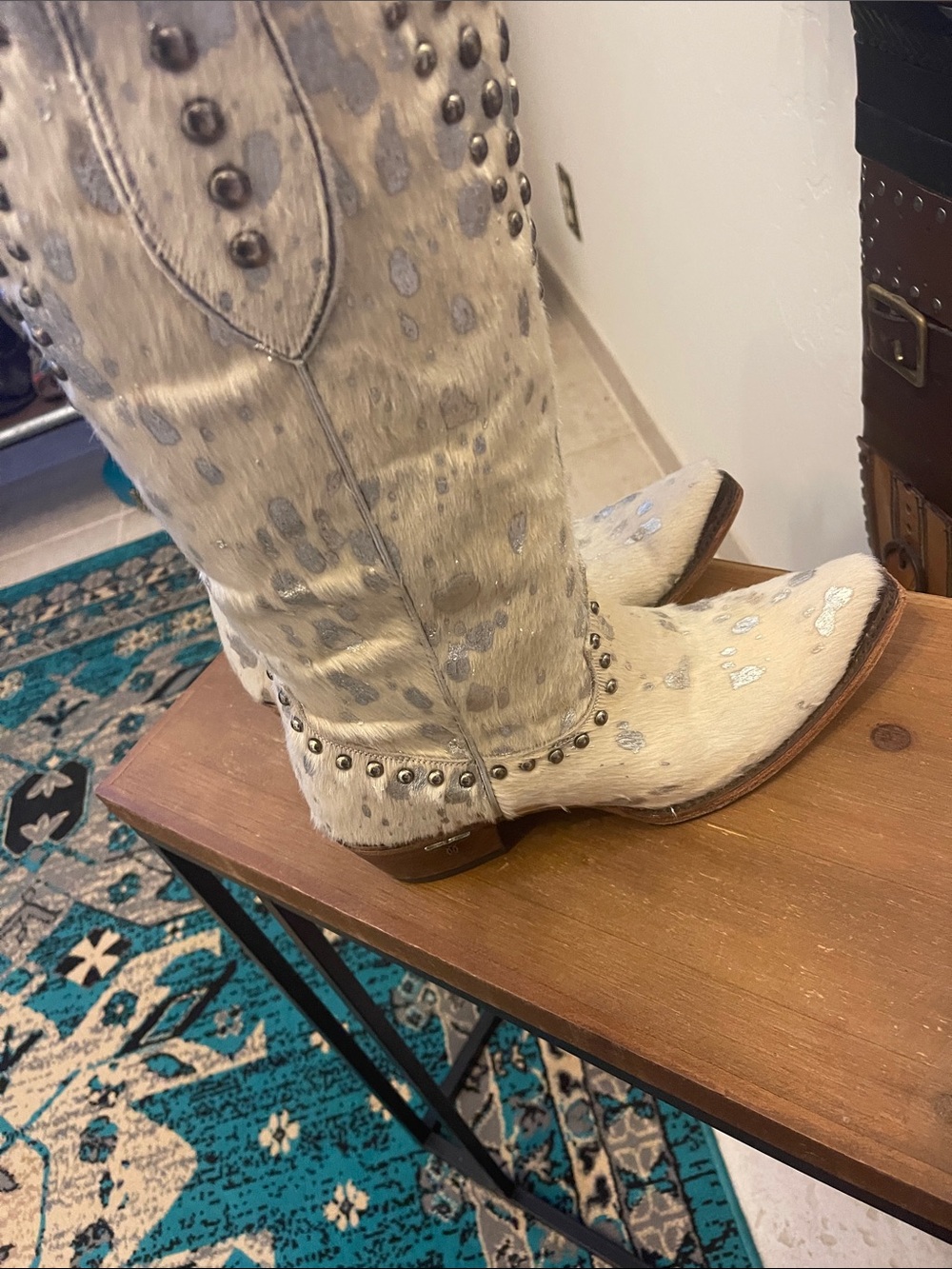 Lane Winter White Wild Hair Studded Lace-Up Cowgirl Boots - Picture 6 of 13
